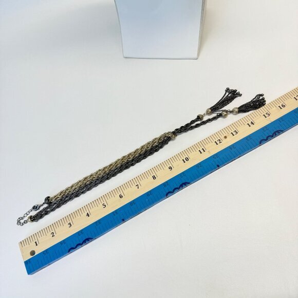 Two Tone Twisted Tassel Necklace Black Gold-Tone Long Length Adjustable - Picture 7 of 7